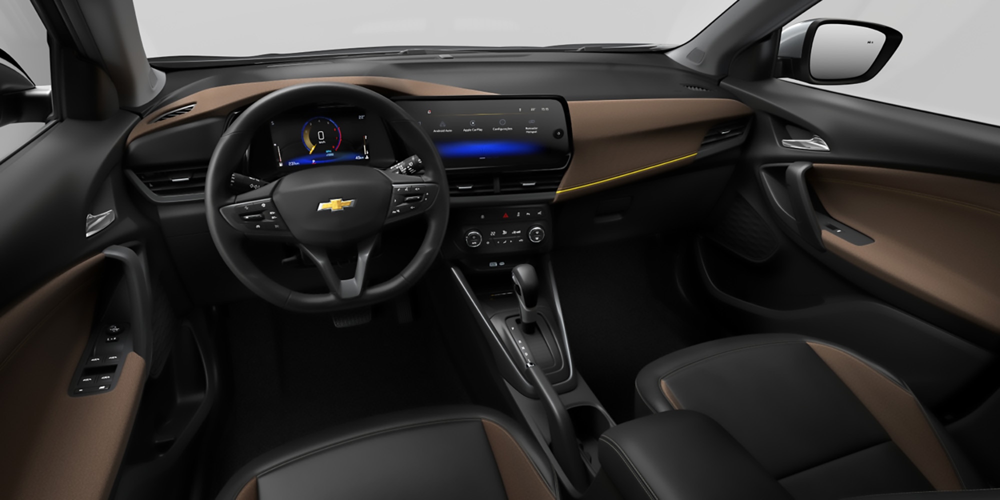 Interior café y negro, vista frontal, que combina confort y placer en cada viaje.